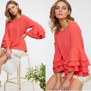 💥 Last one! Size small. Women’s Coral Front Tie Ruffle Sleeve Blouse